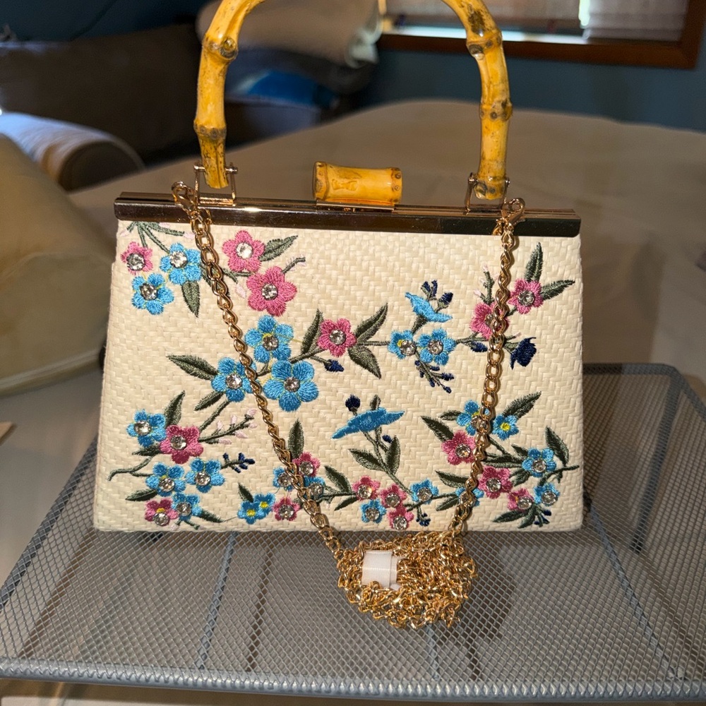 Embroidered Floral Straw Top-Handle Bag with Bamboo Handle - Cream